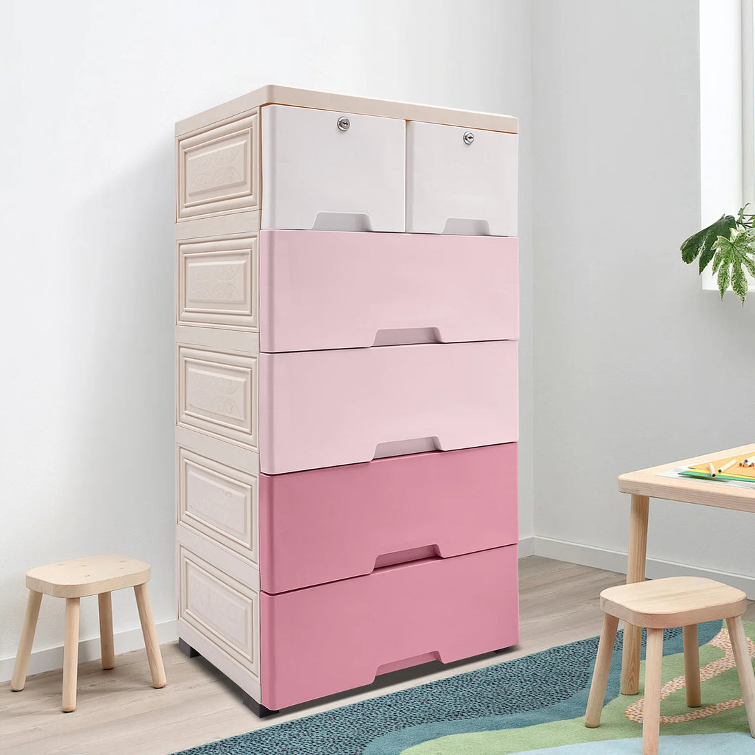Modern Gradient Pink Design Plastic Storage Cabinet W/ 6 Drawers childrensterritory