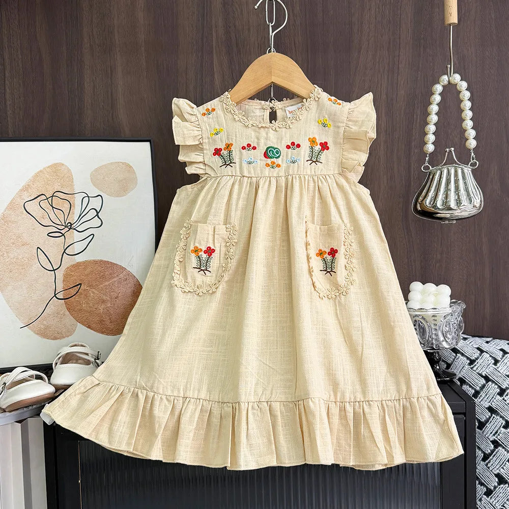 Little Girls Floral Appliques Design Summer Dress with Pockets
