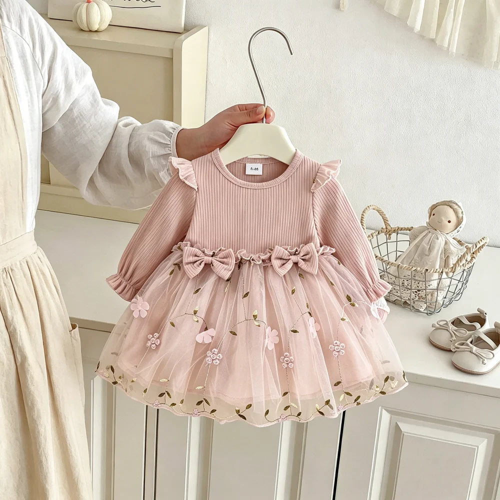 Bowknot Floral Embroidered Mesh Dress for Baby Girl&