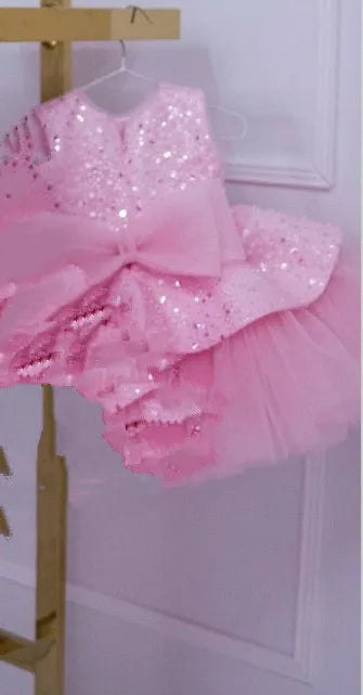 Little Girl Glitter Puff Organza Applique Birthday Party Gown