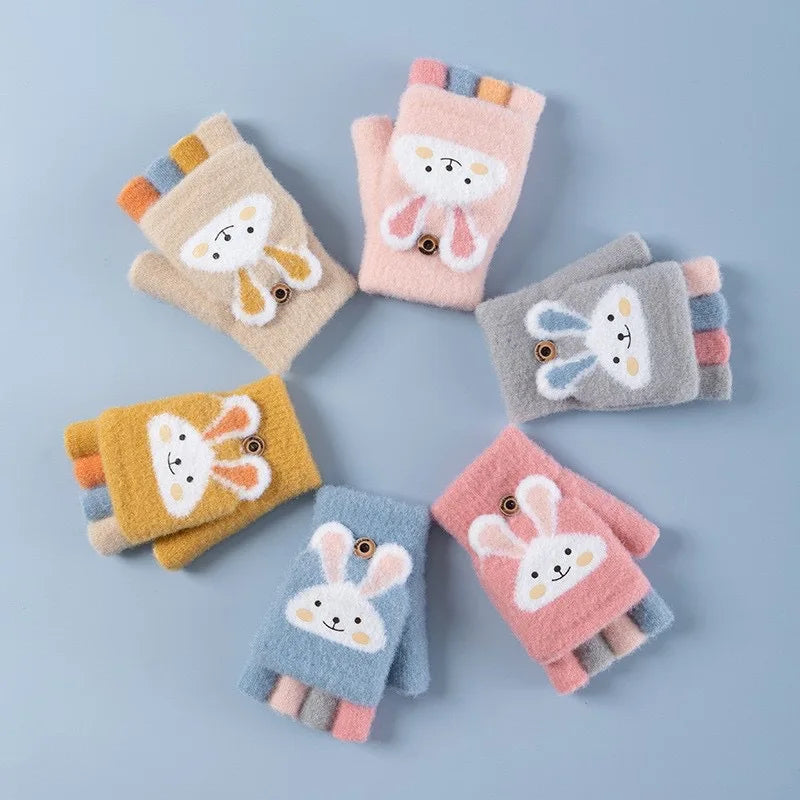 Cartoon Bunny Warm Half Finger Flip Gloves for Kids