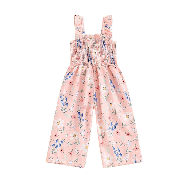 Little Girls Lovely Floral Print Wide Leg Summer Jumpsuit childrensterritory