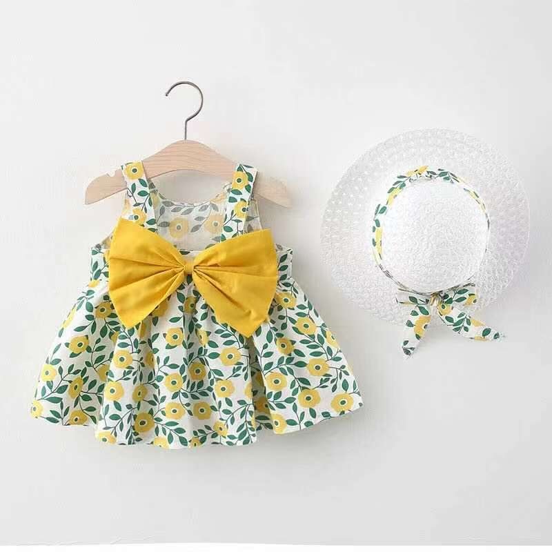 Baby Girl Floral Big Bow Designed Summer Dresses + Sunhat childrensterritory