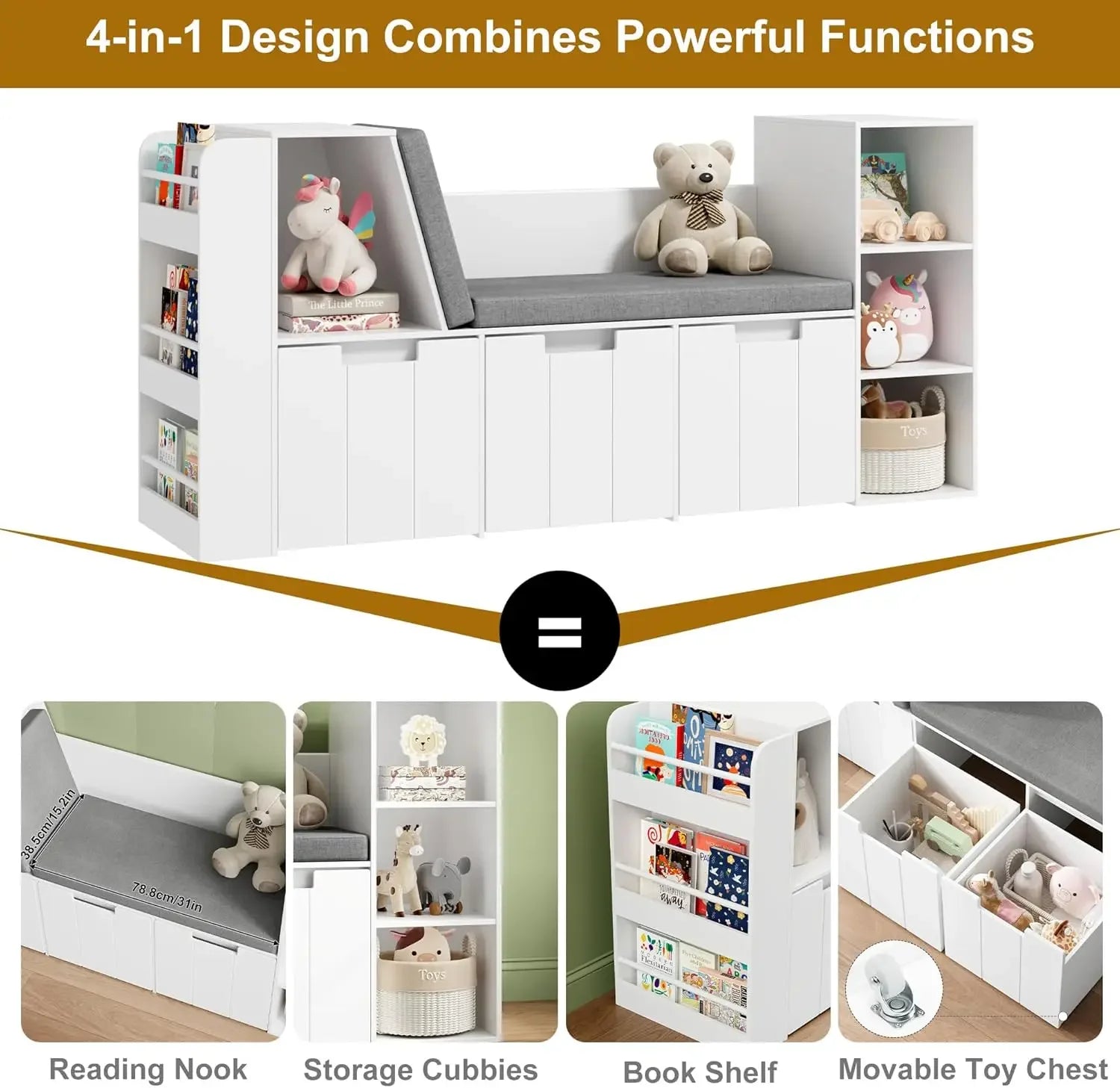 61.5" Kids Reading Nook with Double Bench and Bookshelf childrensterritory