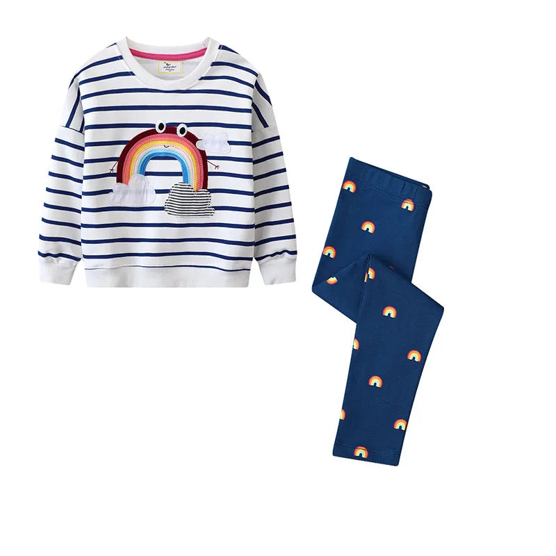 Rainbow Design Long Sleeve Stripes Tops with Leggings for Girls