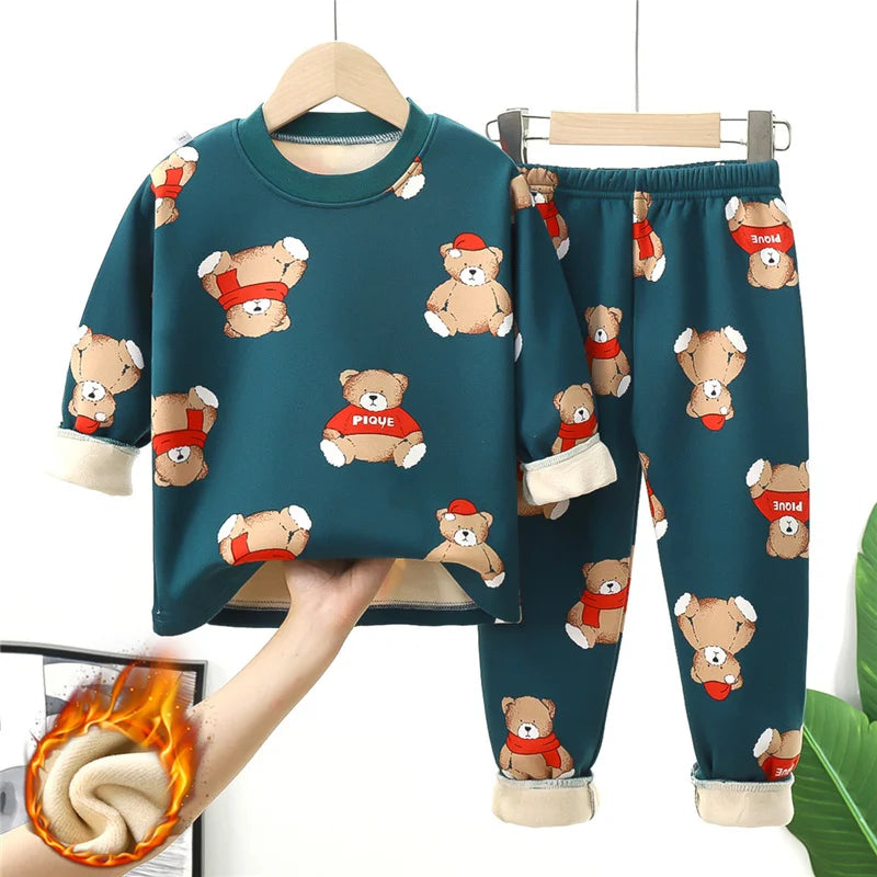 Cartoon Bear Design Kids Warm Plus Velvets Sleepwears childrensterritory