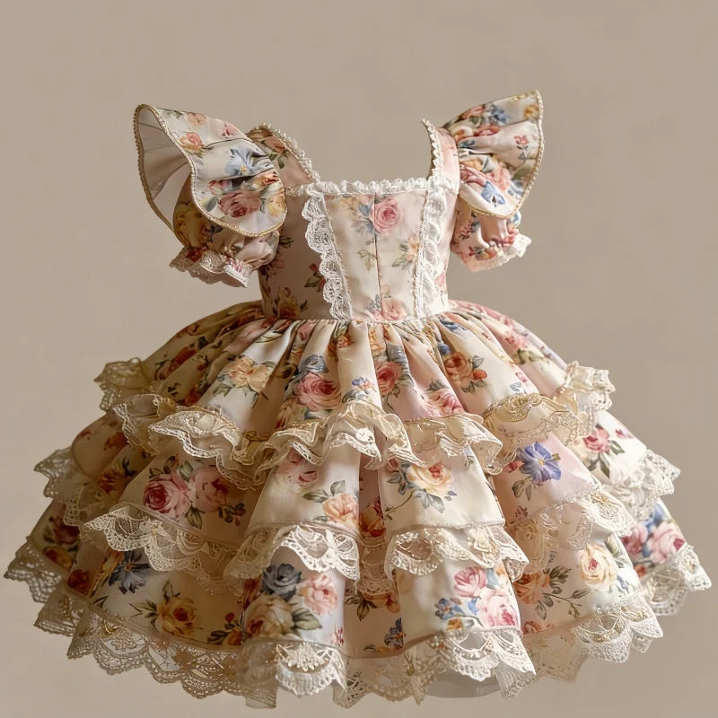 Kids Girls Floral Print Lace Patchwork Summer Princess Dress