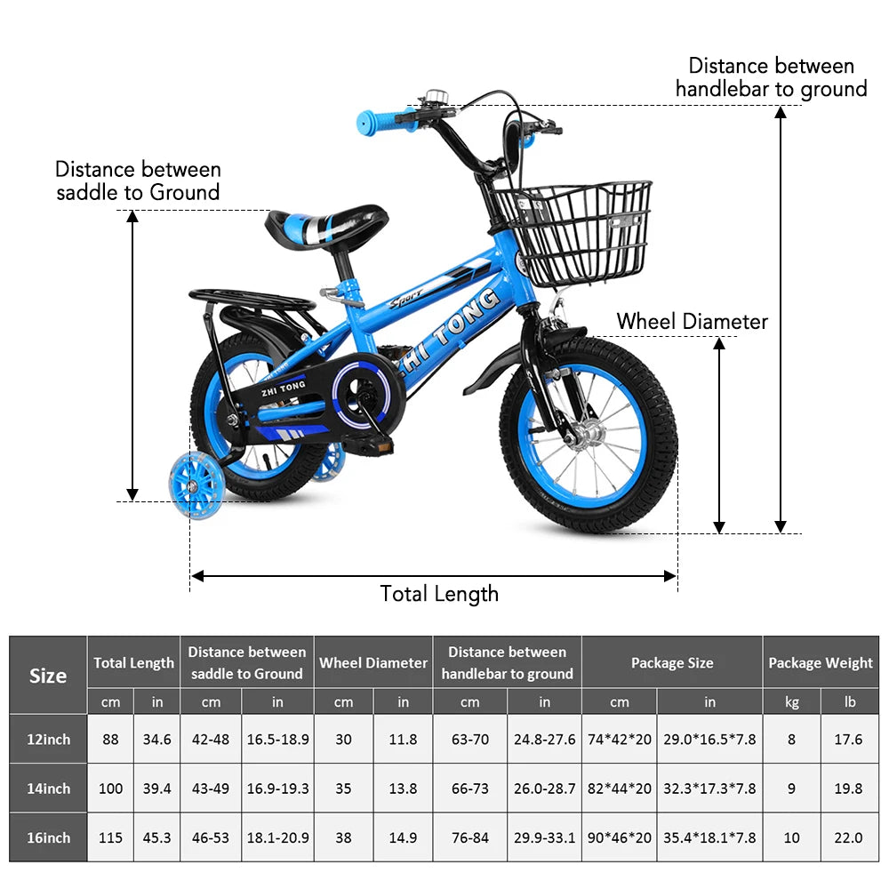 12/14/16 Inch Adjustable Kids Bicycle with Detachable Basket