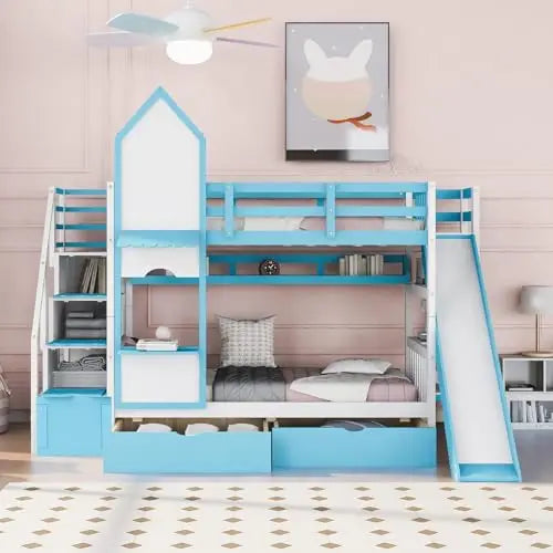 Full-Over-Full Castle Bunk Bed with Slide, Shelves, and Drawers
