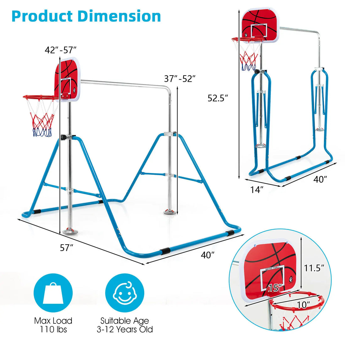 Kids Adjustable Gymnastics Bar with Basketball Hoop childrensterritory