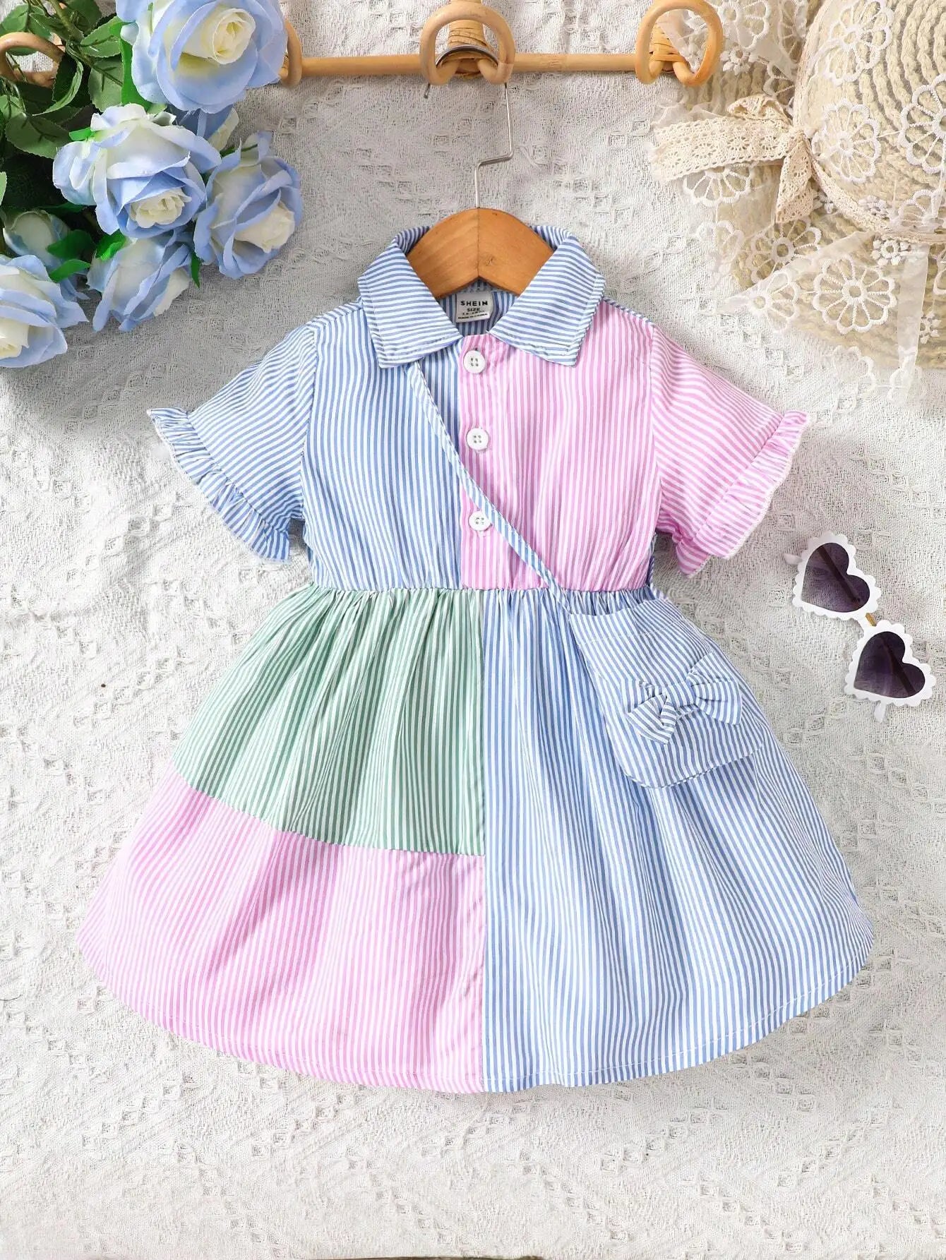 Little Girls Flared Sleeves Button Closure Dress with Sling Bag