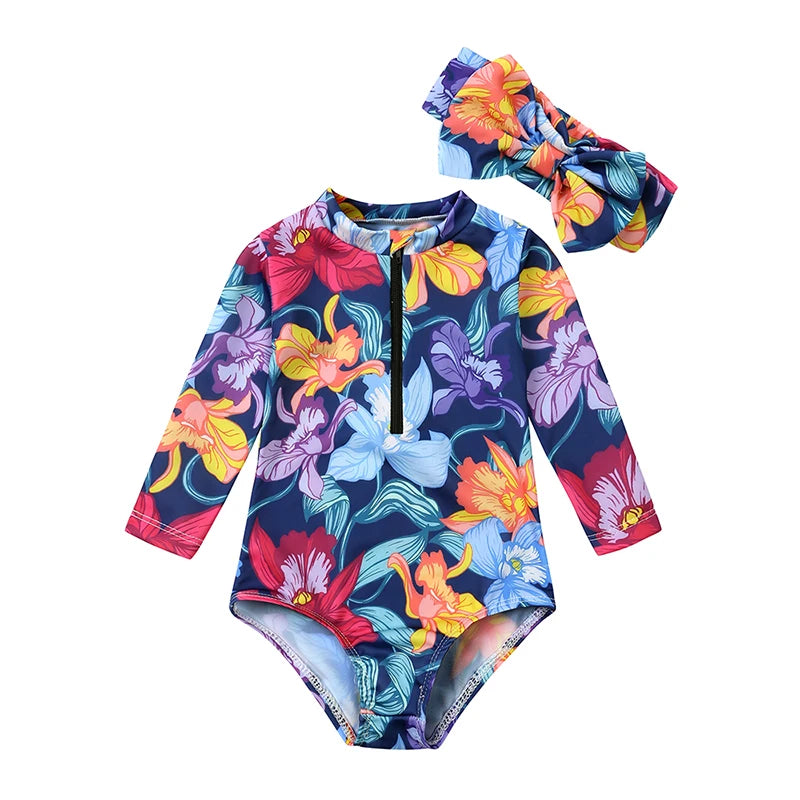 Floral Round Neck Little Girl Zipper Swimsuit