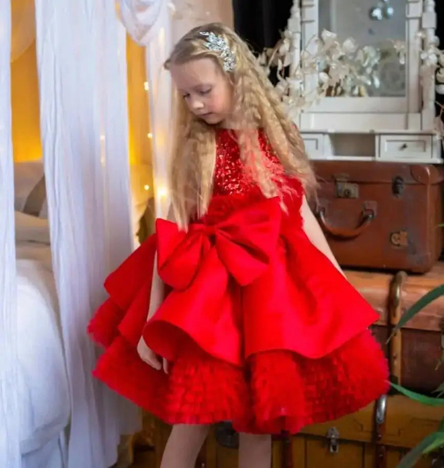 Jewel Neck Kids Girls Puffy Red Ruffles Pageant Birthday Dress childrensterritory
