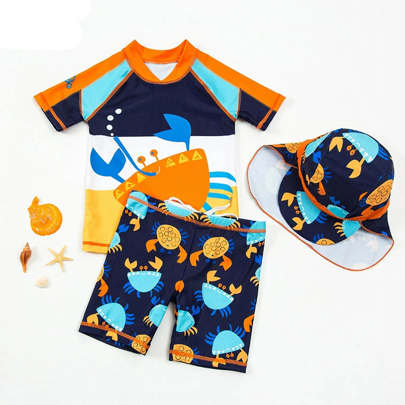 Cartoon Print Short Sleeve 3pcs Swimwear with Hat for Little Boys
