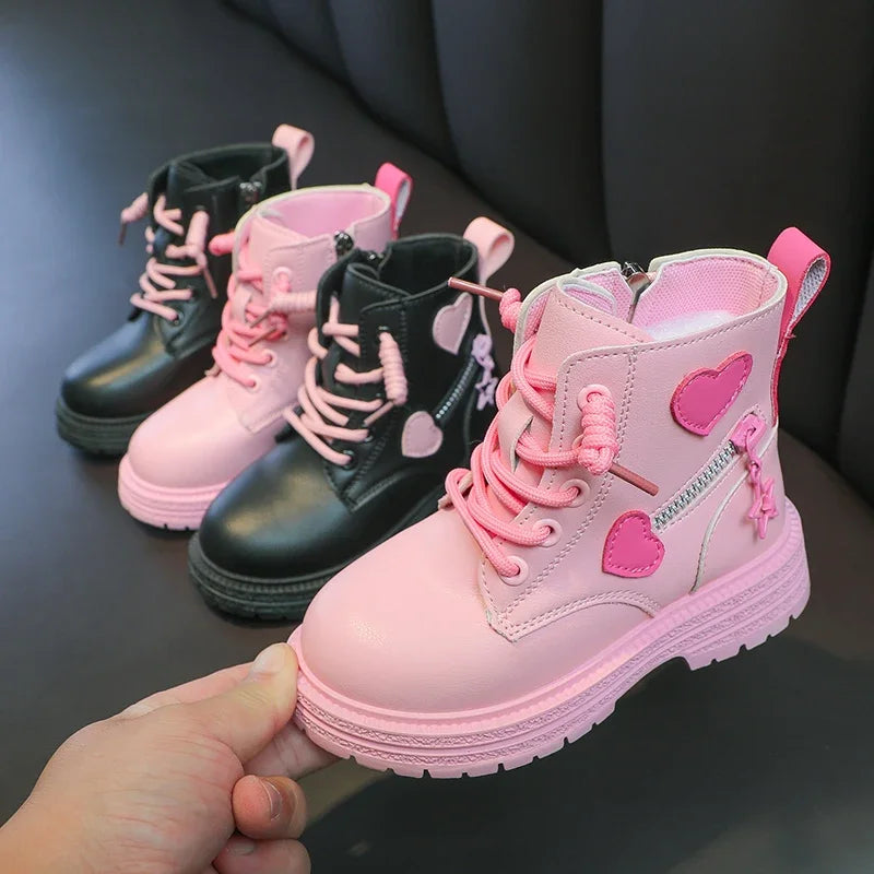 Heart Design Kids Girls British PU Ankle Boots