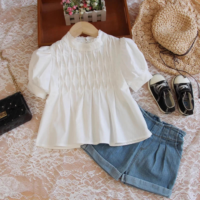 Kids Girls Korean Style Summer White Tops and Shorts Set childrensterritory