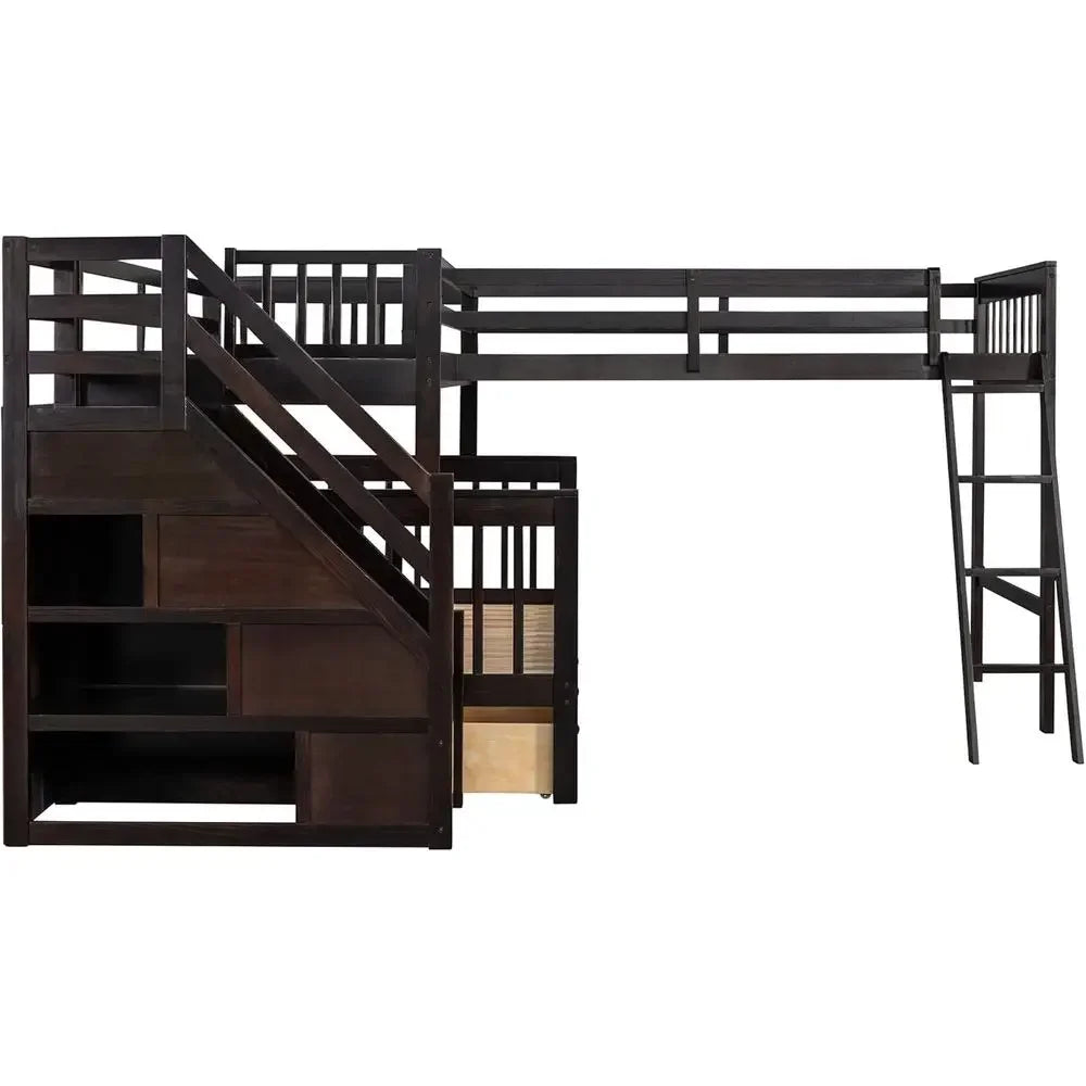 L-shaped Full Bunk Bed with Three Drawers and a Staircase