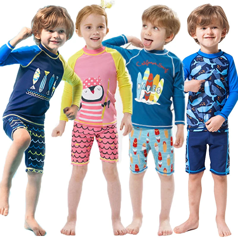 Kids Boys Cartoon Print Swimsuit With Swim Cap | Beach Wear