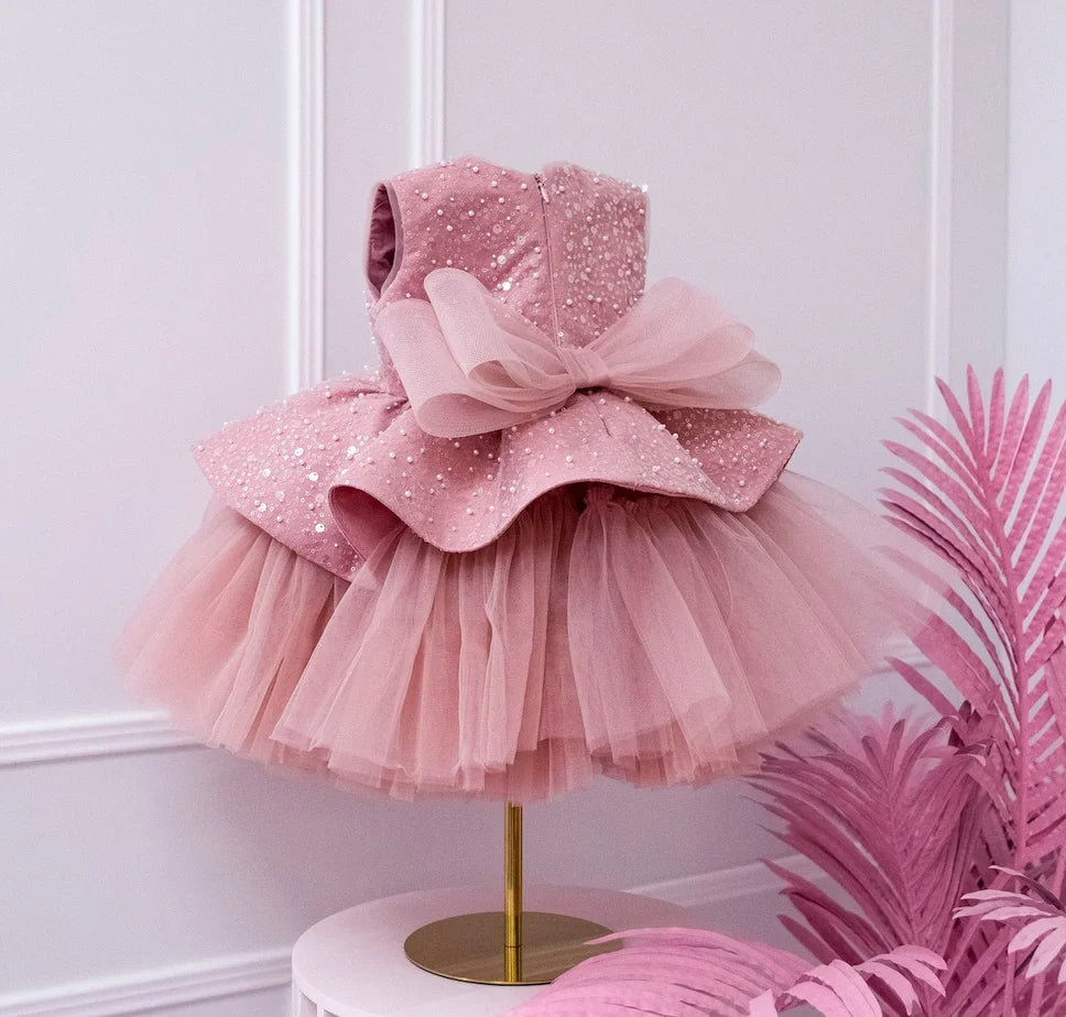 Girls Sleeveless Bow Flower Design Birthday Party Dresses childrensterritory