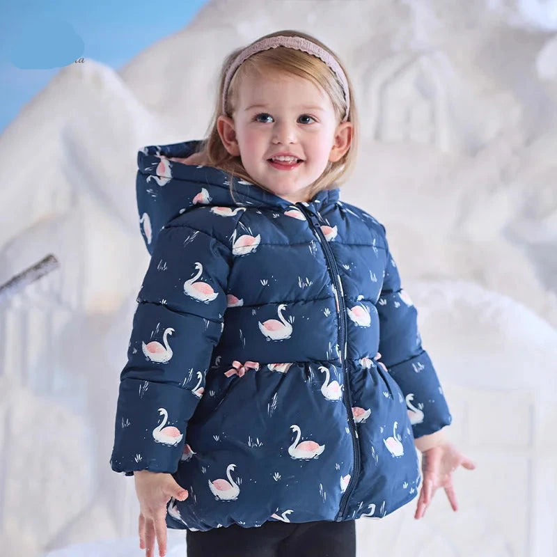 Girls Floral And Swan Printed Zipper Hooded Warm Jackets childrensterritory