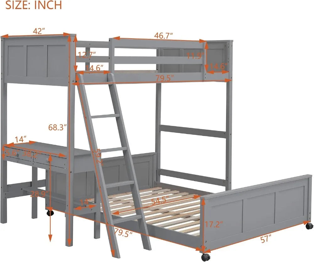 Parent-Child Bunk Bed with Desk and 2 Drawers