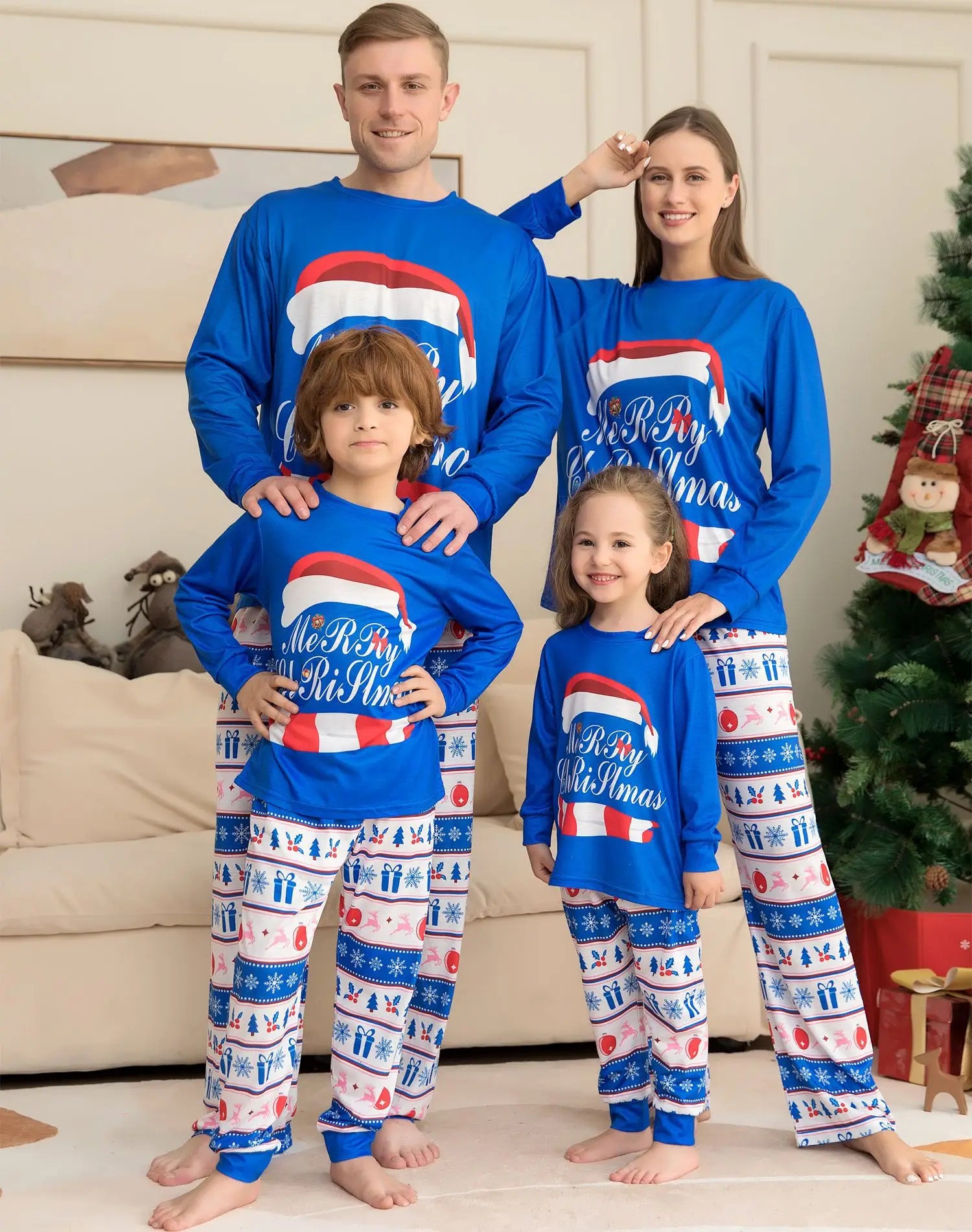 Letter Printed Christmas Family Pajamas Sets in Blue Color childrensterritory