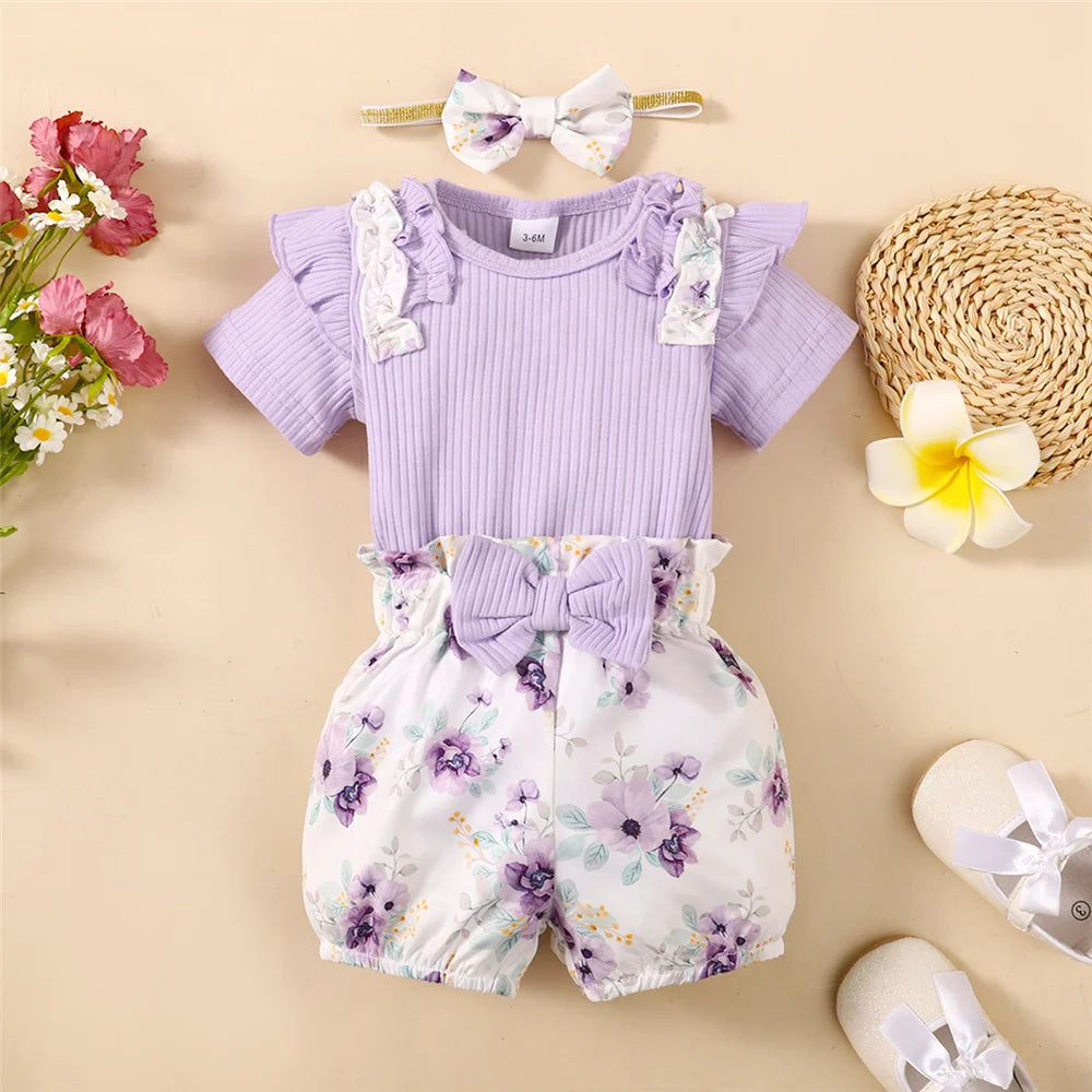 Baby Girl Short Sleeve Romper + Flowers Shorts with Headband Set childrensterritory