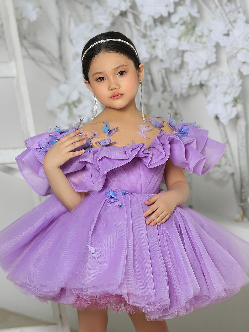Kids Girls Knee Length Purple Tulle Birthday Party Dress childrensterritory