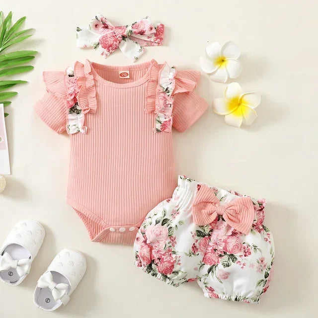3Pcs Newborn Girl Bodysuit, Bow, Floral Pants Clothing Set childrensterritory