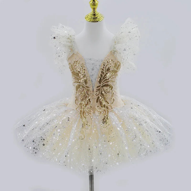 Kids Girls Professional Gold Sequin Ballet Tutu Dress