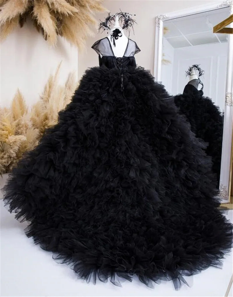 Black Tulle Fluffy Tiered Wedding and Birthday Party Dress for Girls childrensterritory