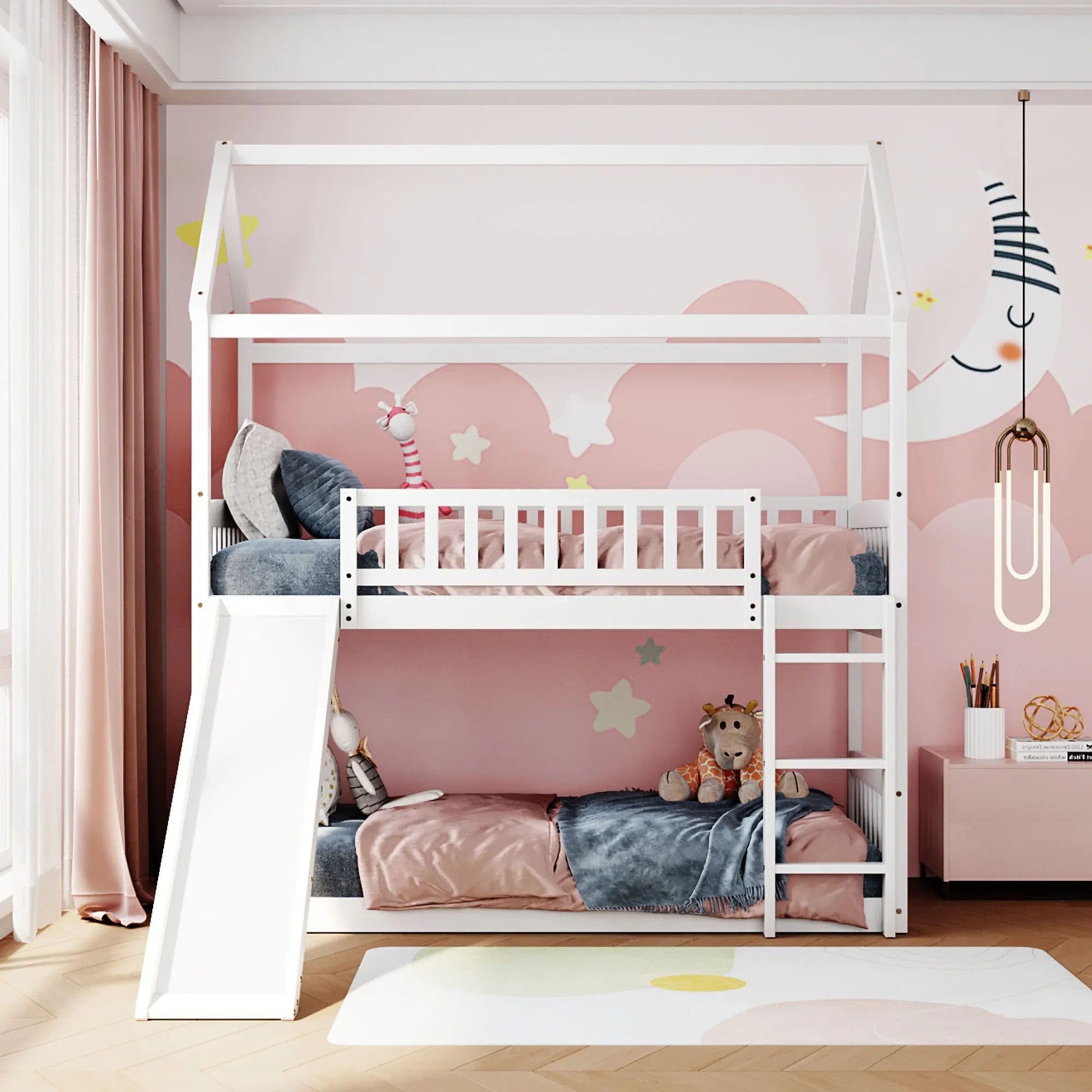 Slide-equipped Twin Over Twin Bunk Bed for Kids Bedroom childrensterritory