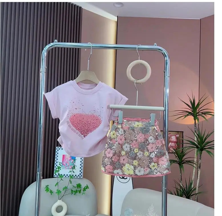 Kids Girls Floral Wrap-Hip Dress with a Heart Sequin T-shirt childrensterritory