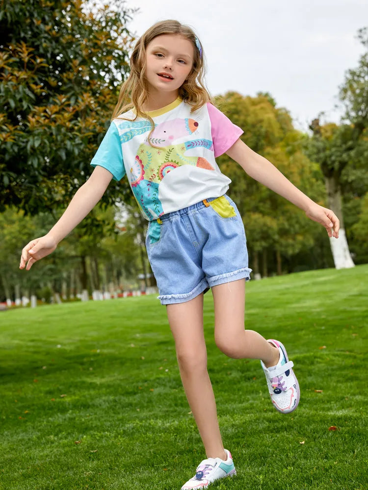 Kids Girls Cartoon Printed T-shirt and Denim Short Set childrensterritory