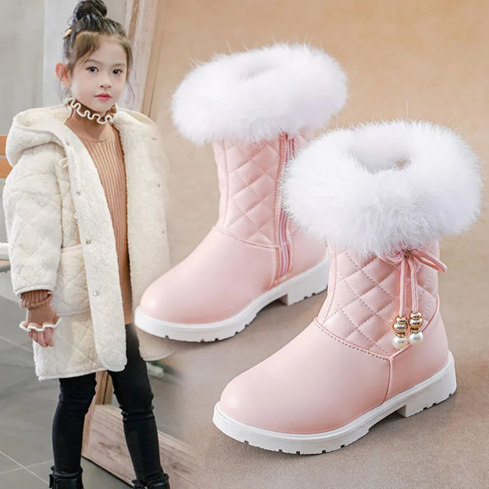 Girls Korean Style Thick Warm Faux Fur Zipper Boots childrensterritory