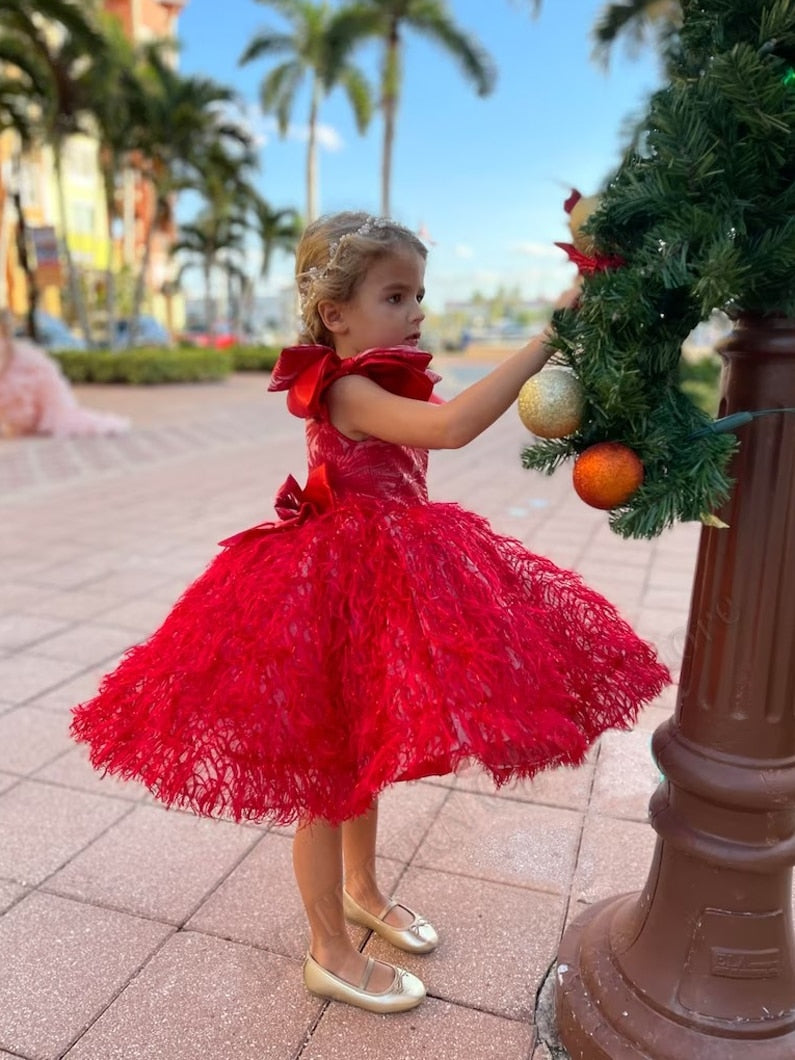 Kids Girls Pink Or Red Flower Dresses With Feathers for Birthday childrensterritory