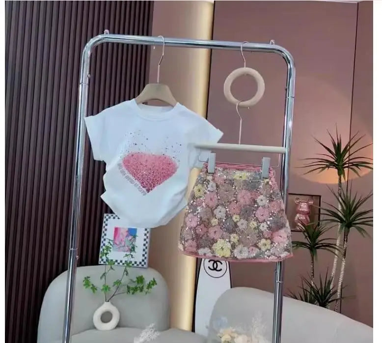 Kids Girls Floral Wrap-Hip Dress with a Heart Sequin T-shirt childrensterritory
