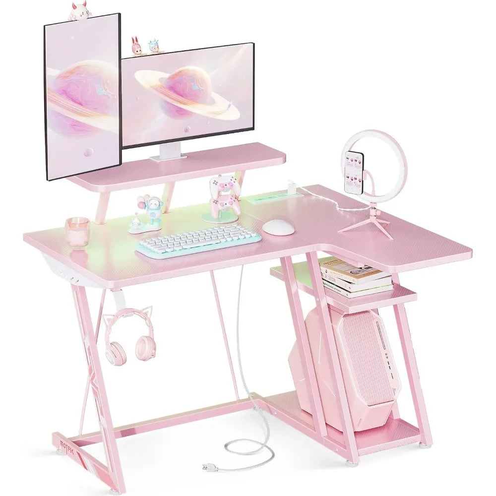 Pink L-shaped Gaming Desk with LED Lights childrensterritory