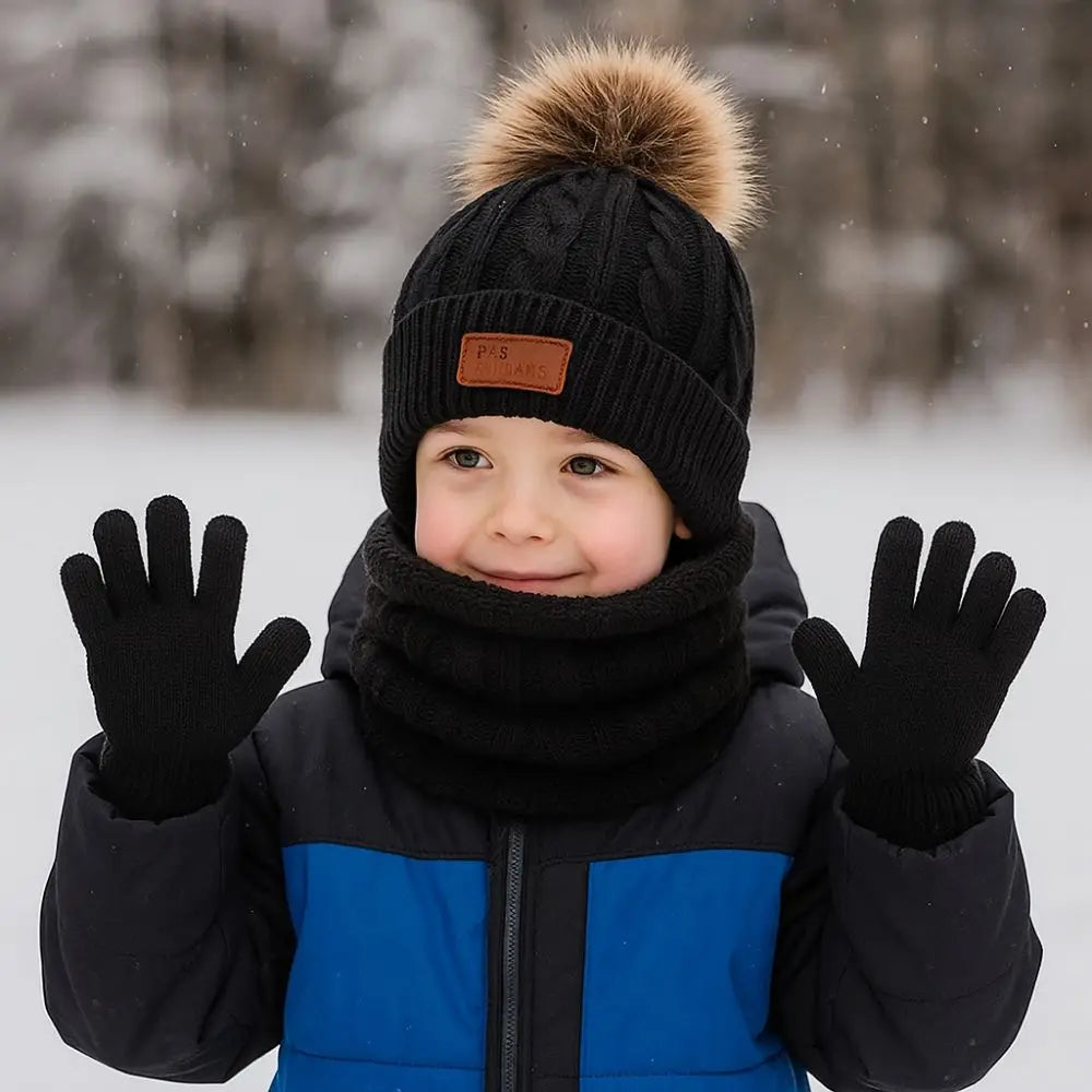 Toddler 3Pcs Cute Pompom Knitted Hats Scarf Gloves Set