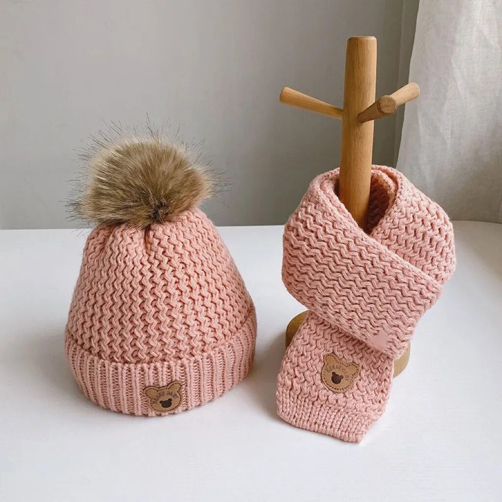 2Pcs Cute Bear Embroidery Baby Hats and Scarf Set childrensterritory