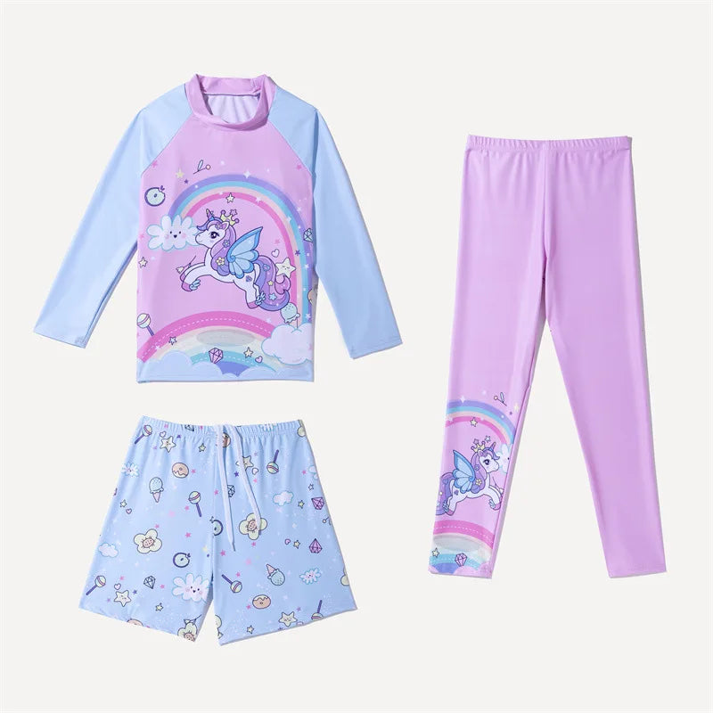 Long Sleeve Printed Sun Protection Kids 3 Piece Swimsuit