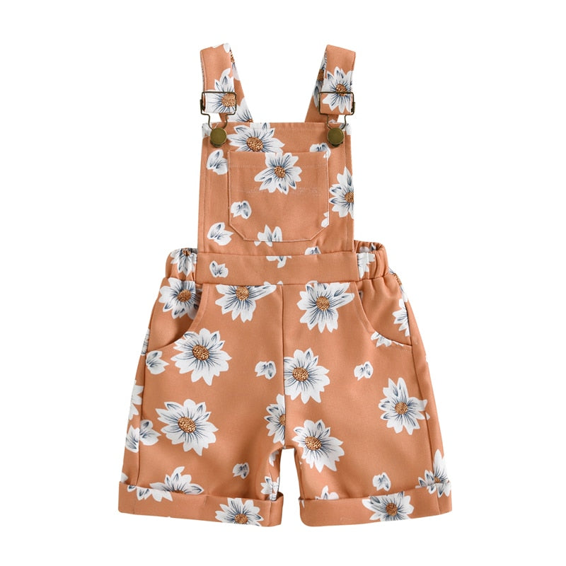 Kids Girls Printed Rolled Hem Overall Shorts with Pockets childrensterritory