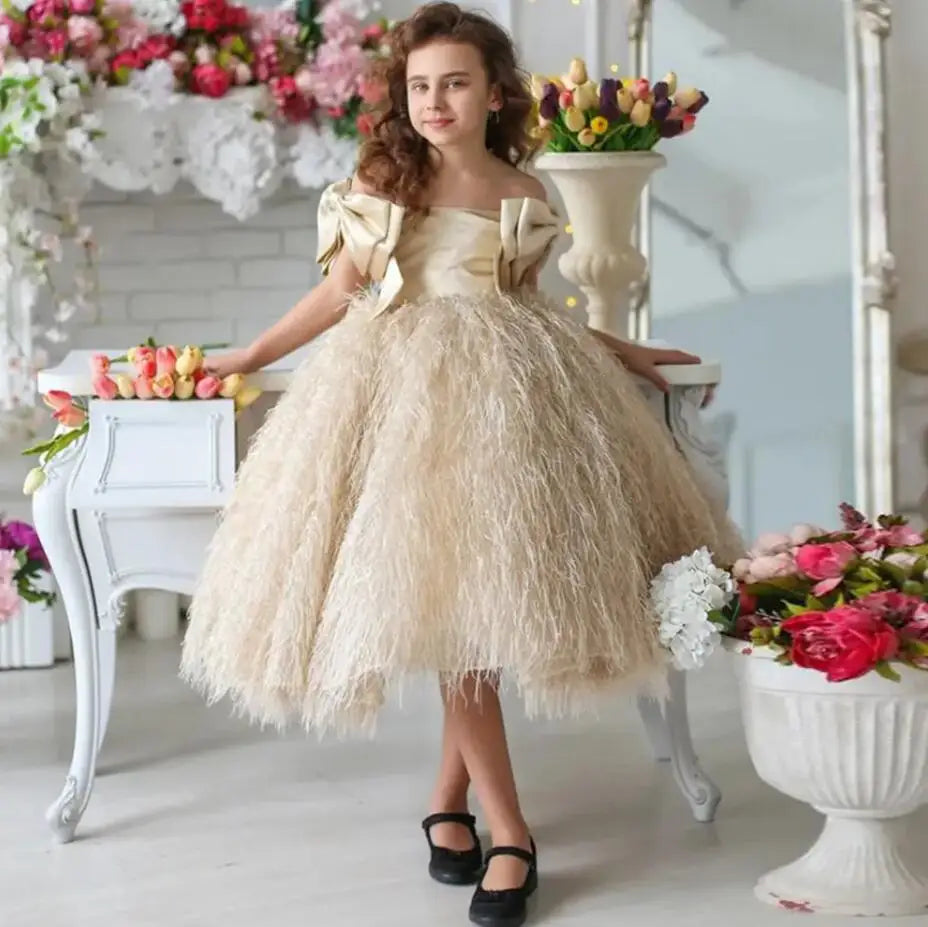 Light Champagne Satin Off Shoulder Princess Party Gown childrensterritory