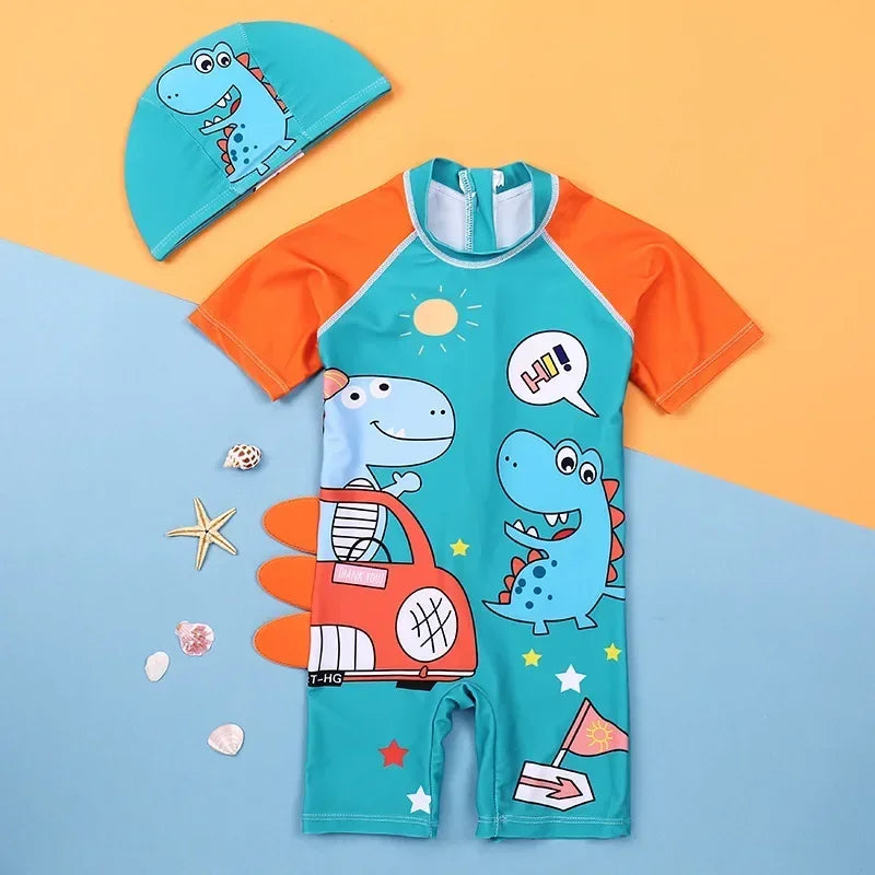 Cartoon Dinosaur Toddler Boy Rash Guard Swimwear with Cap