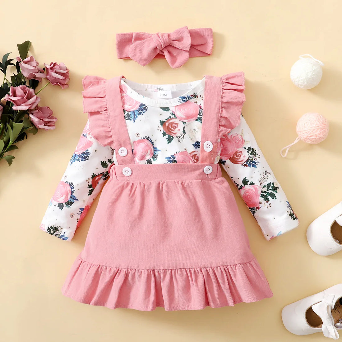 Baby Girl Printed Romper & Suspender Skirt Outfit Set