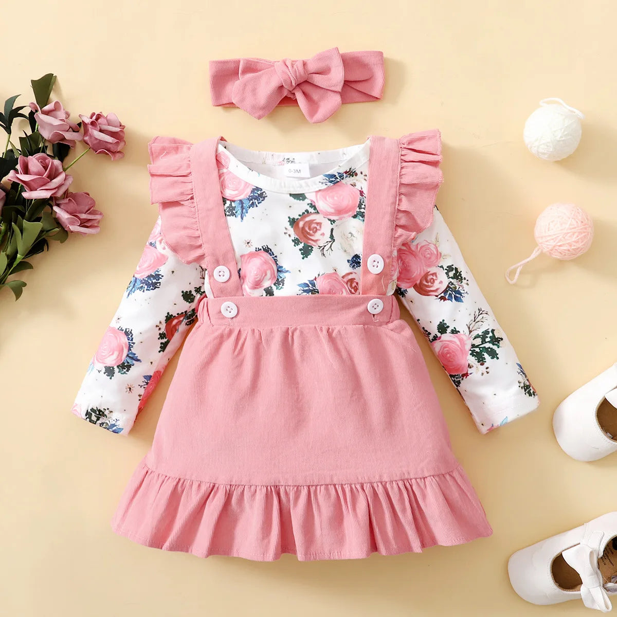 Baby Girl Printed Romper & Suspender Skirt Outfit Set