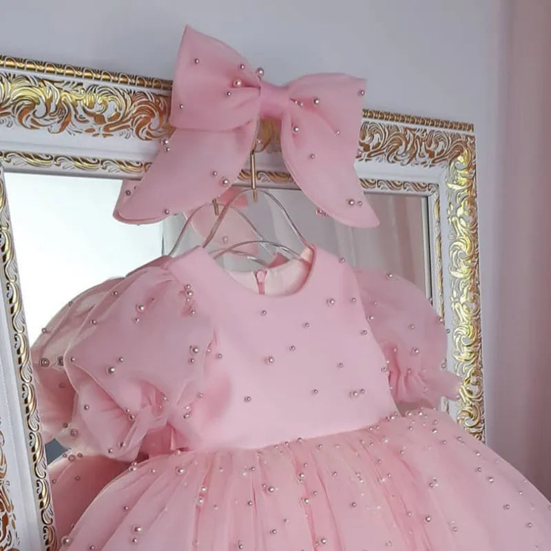 Pearl Decorated Puffy Pink Princess Dress for Girl&