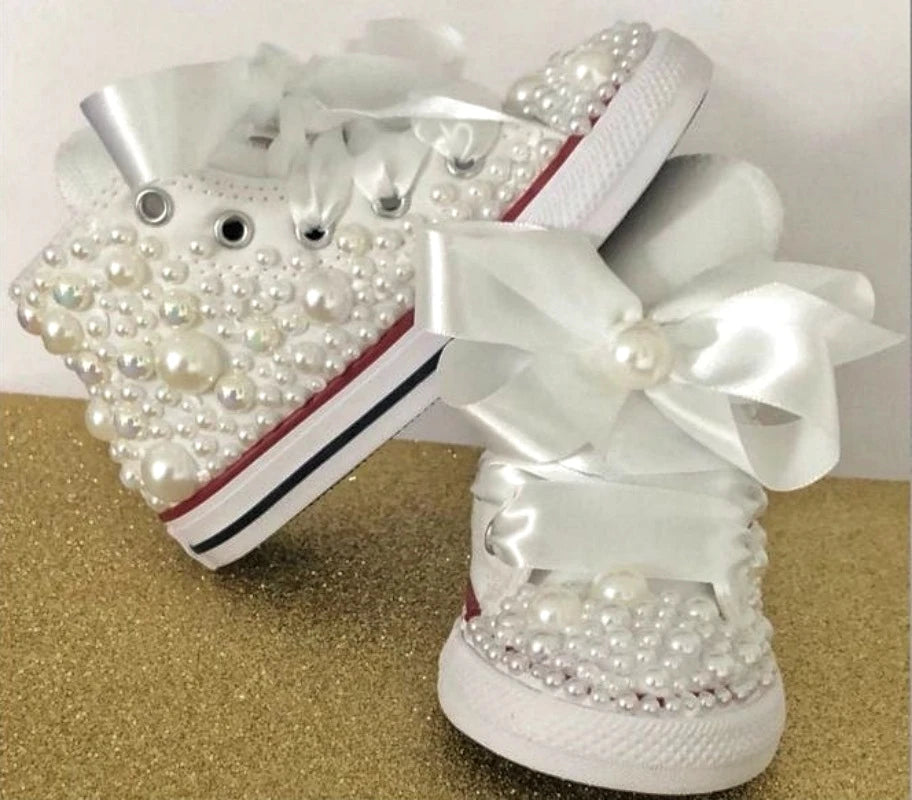 Kids Girls Pink Sparkle Gold Rhinestones Canvas Sneakers