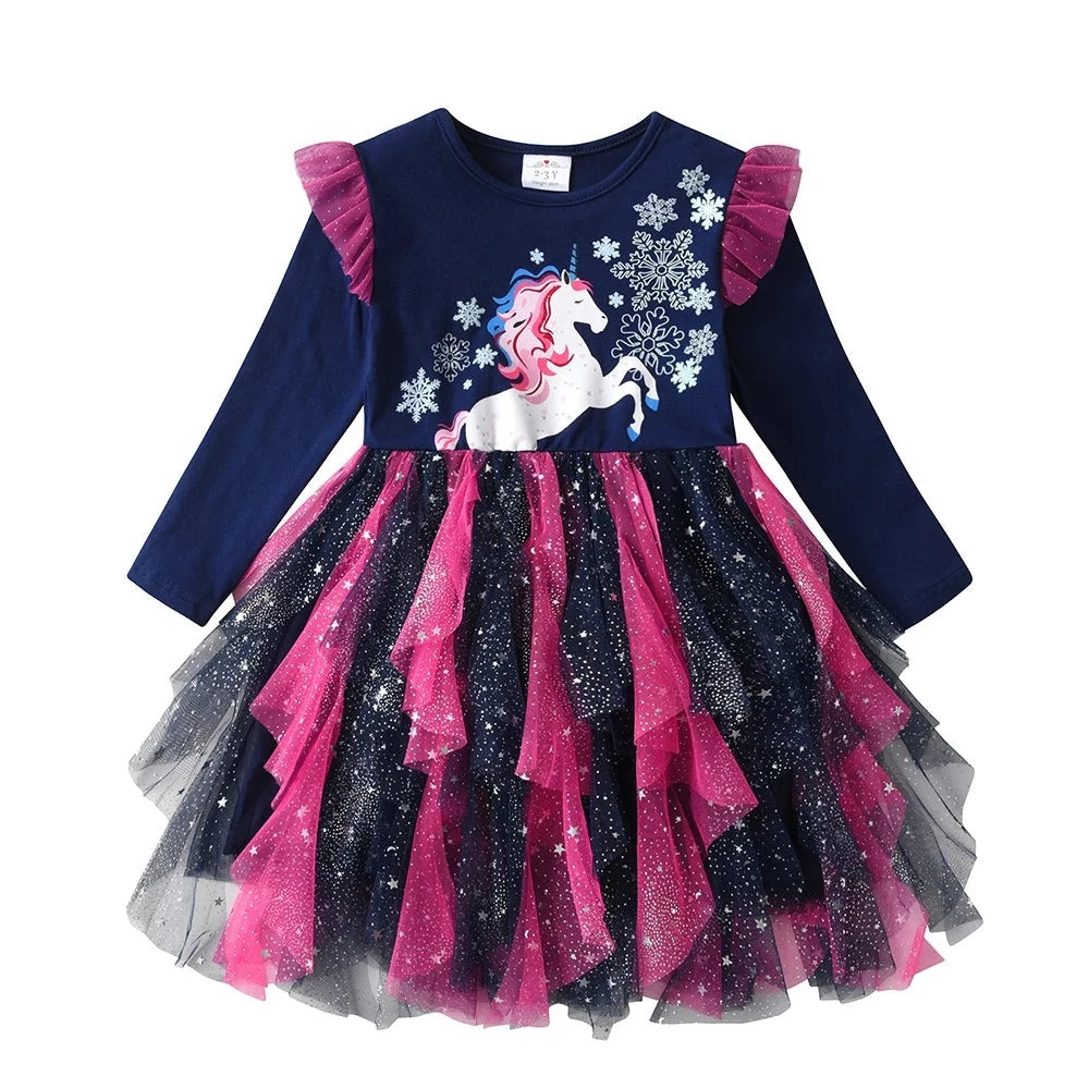 Kids Girls Snowflakes Print Layered Mesh Tulle Princess Dress childrensterritory