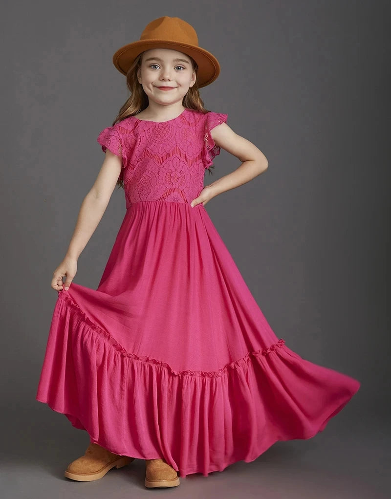 Kids Girls Stylish Lace Design Cotton Bohemia Long Dresses childrensterritory